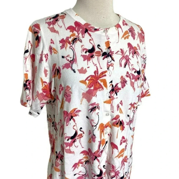 Charter Club woman 1X white short‎ sleeve cardigan w& pink flamingos & sequins - Picture 2 of 6
